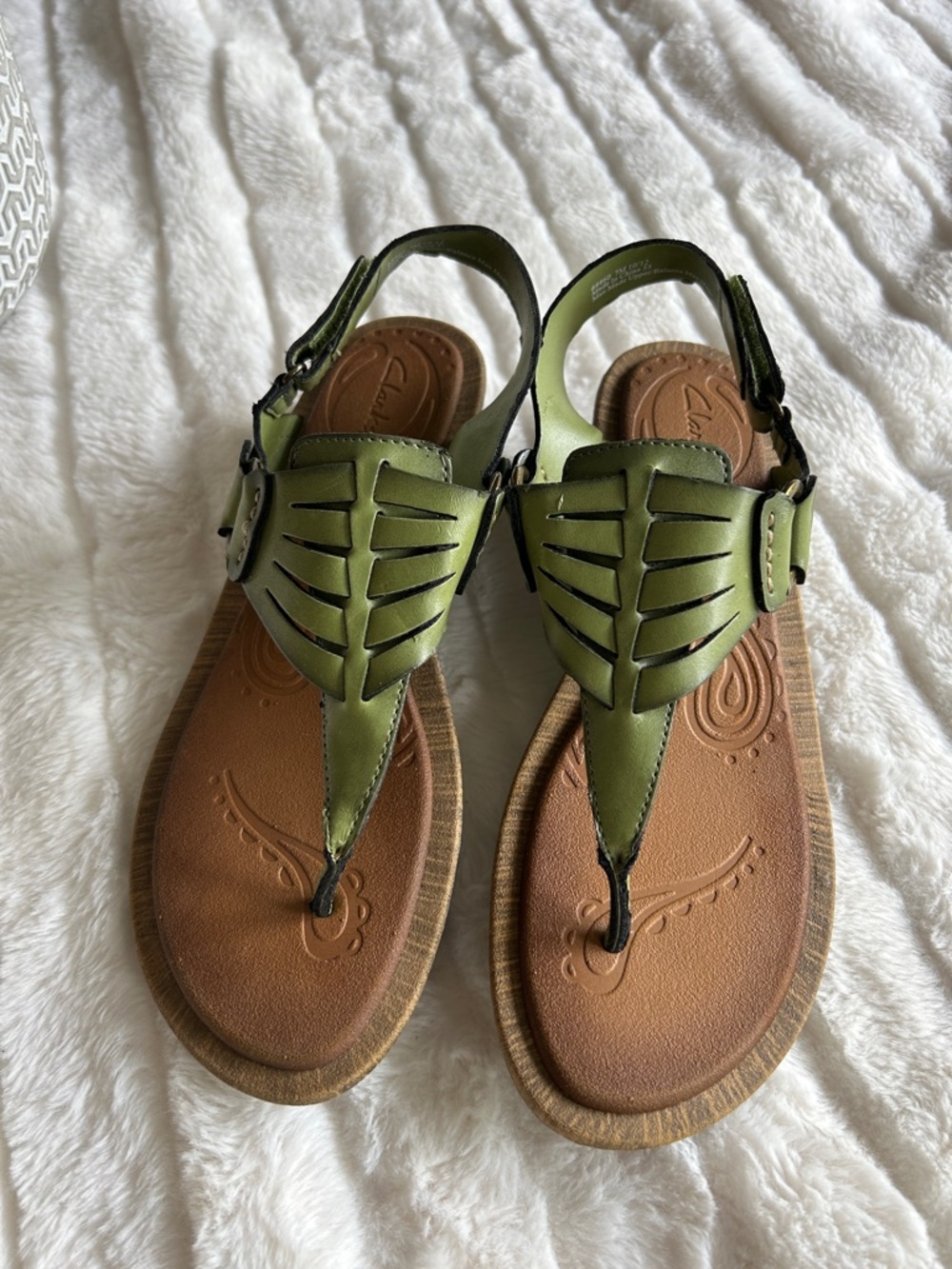 Clarks Olive Green Leather T-Strap Sandals with Brown Footbed